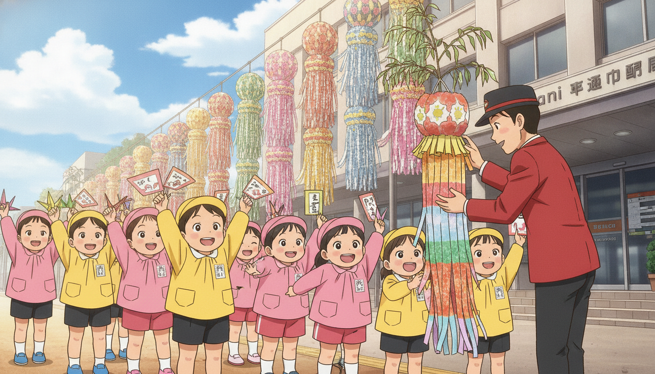 東二番丁幼稚園の園児が仙台中央郵便局へ手作り七夕飾りを贈呈!